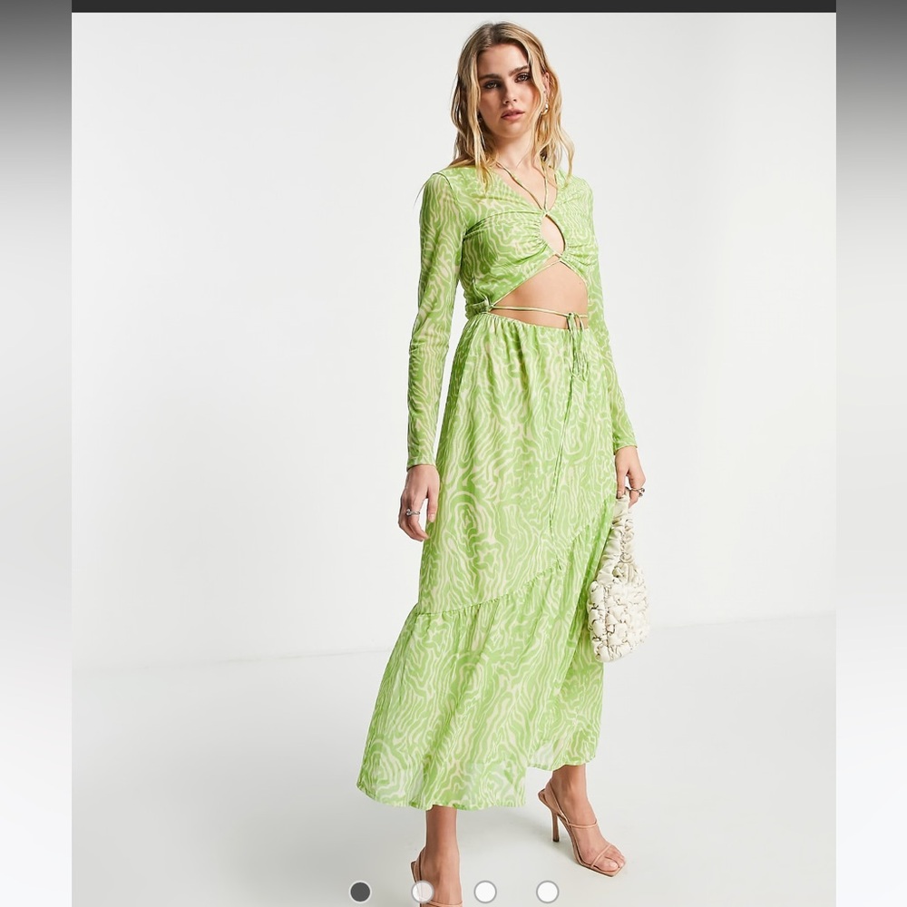 & Other Stories polyester mesh cut out maxi dress in green zebra print